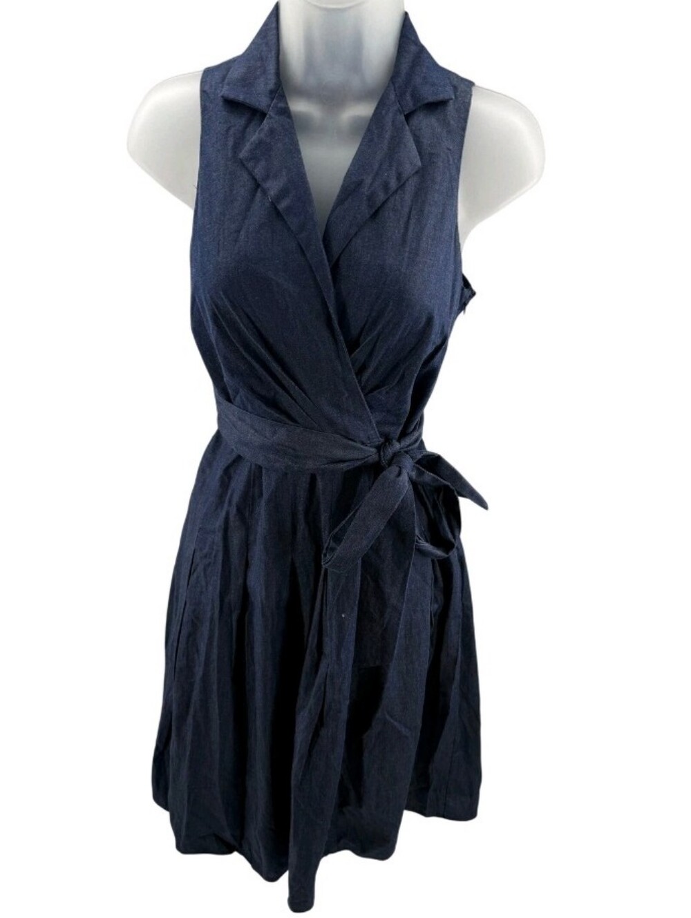 Sleeveless Navy Wrap Midi Dress with Waist Tie - Picture 2 of 11